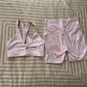 Fabletics Pink/ White Swirl Bike Shorts High-Waisted (M) with Sports Bra (S)